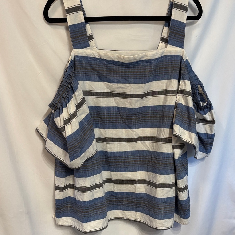 Lucky Brand Preppy Blue and White Striped Blouse Off the Shoulder 2X.